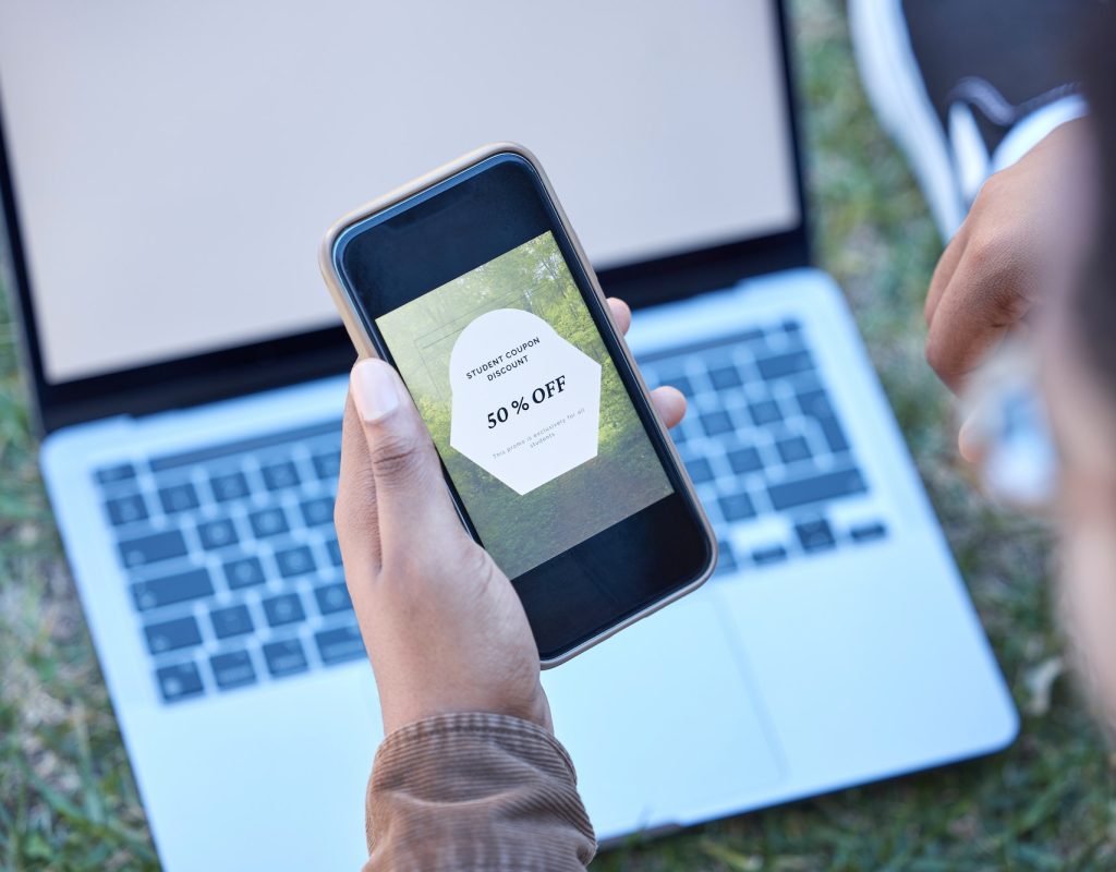 Hands, phone and laptop mockup screen for discount, sale or advertising announcement and news outdo